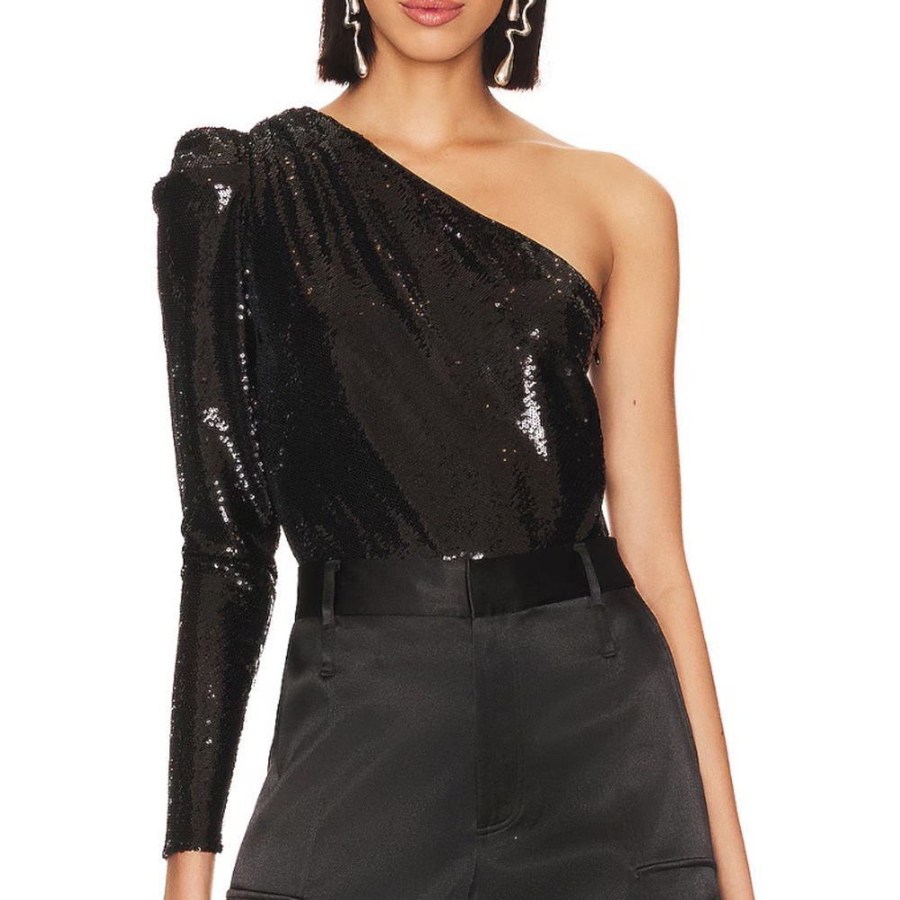 All Saints Black Sequin One-Shoulder Top one piece